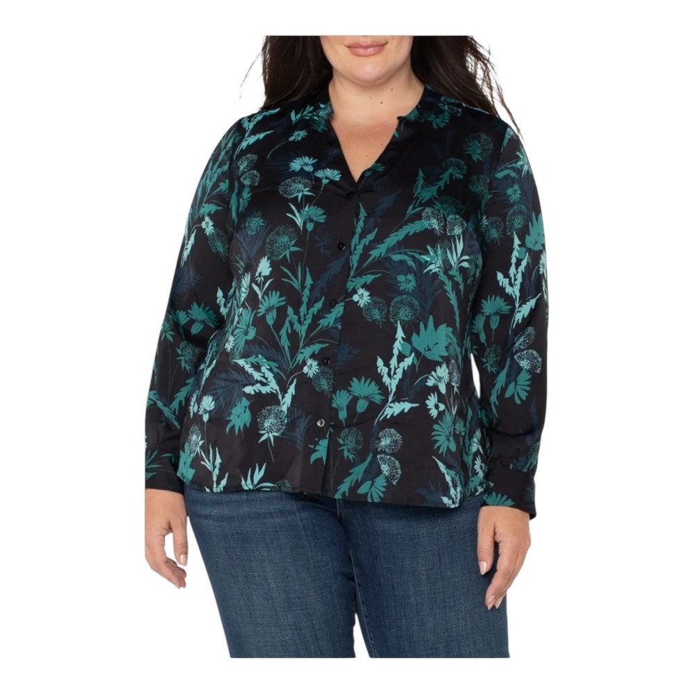 Liverpool Shirred Button Up Blouse Malachite Foliage Print Size 2X Floral New